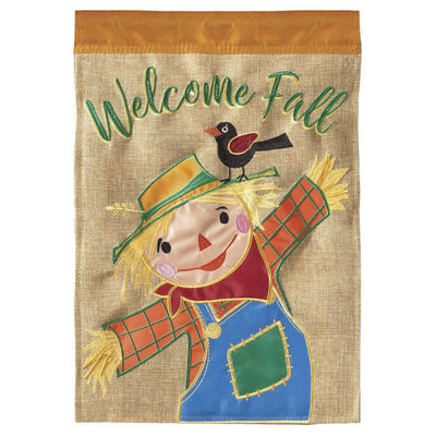 Welcome Fall Scarecrow 29x42 Flag featuring double applique design, durable polyester, and vibrant embroidery for rustic autumn outdoor décor.