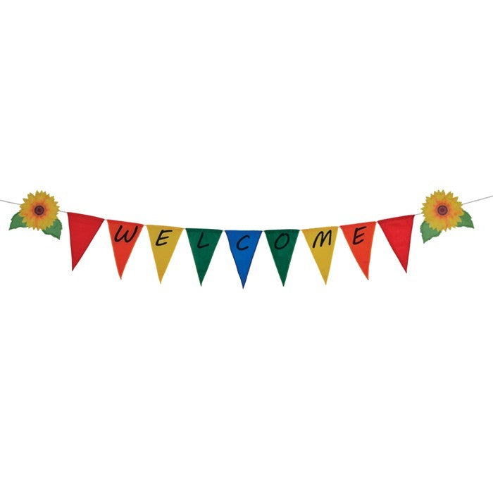 Welcome Festive Pennant String featuring colorful triangular flags with black lettering and sunflower accents, displayed outdoors for a festive atmosphere.
