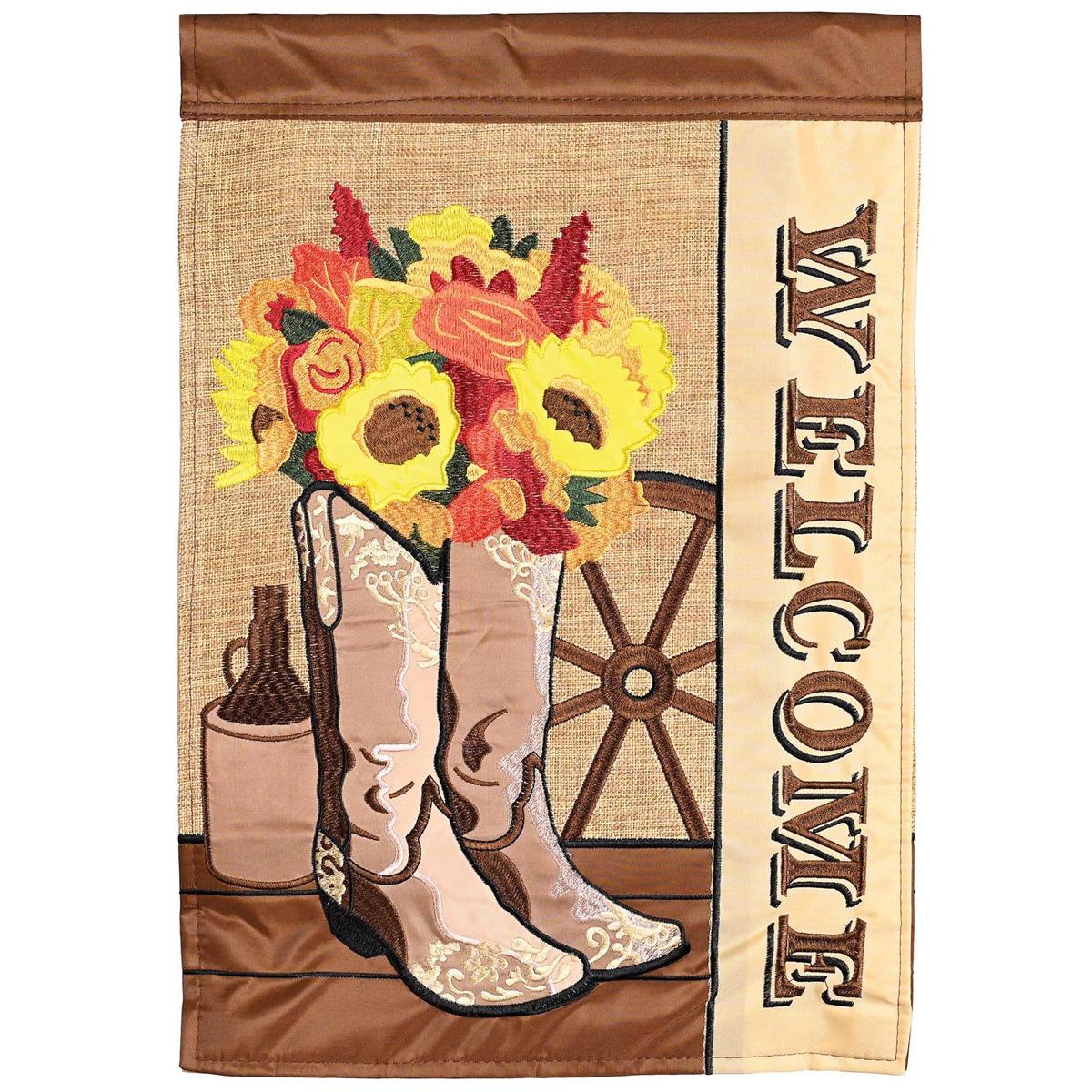 Welcome Floral Boots garden flag featuring vibrant floral boot design in durable outdoor setting, perfect for enhancing your garden's charm and beauty.