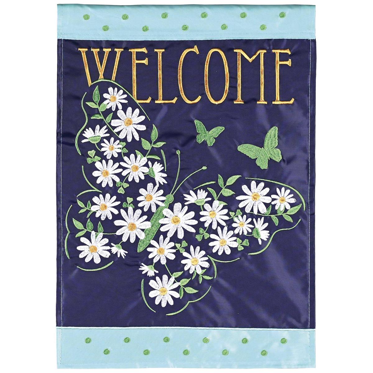 Welcome Floral Butterfly Banner Flag featuring rich fabric appliques and embroidery, displayed outdoors, showcasing vibrant butterfly and floral designs.