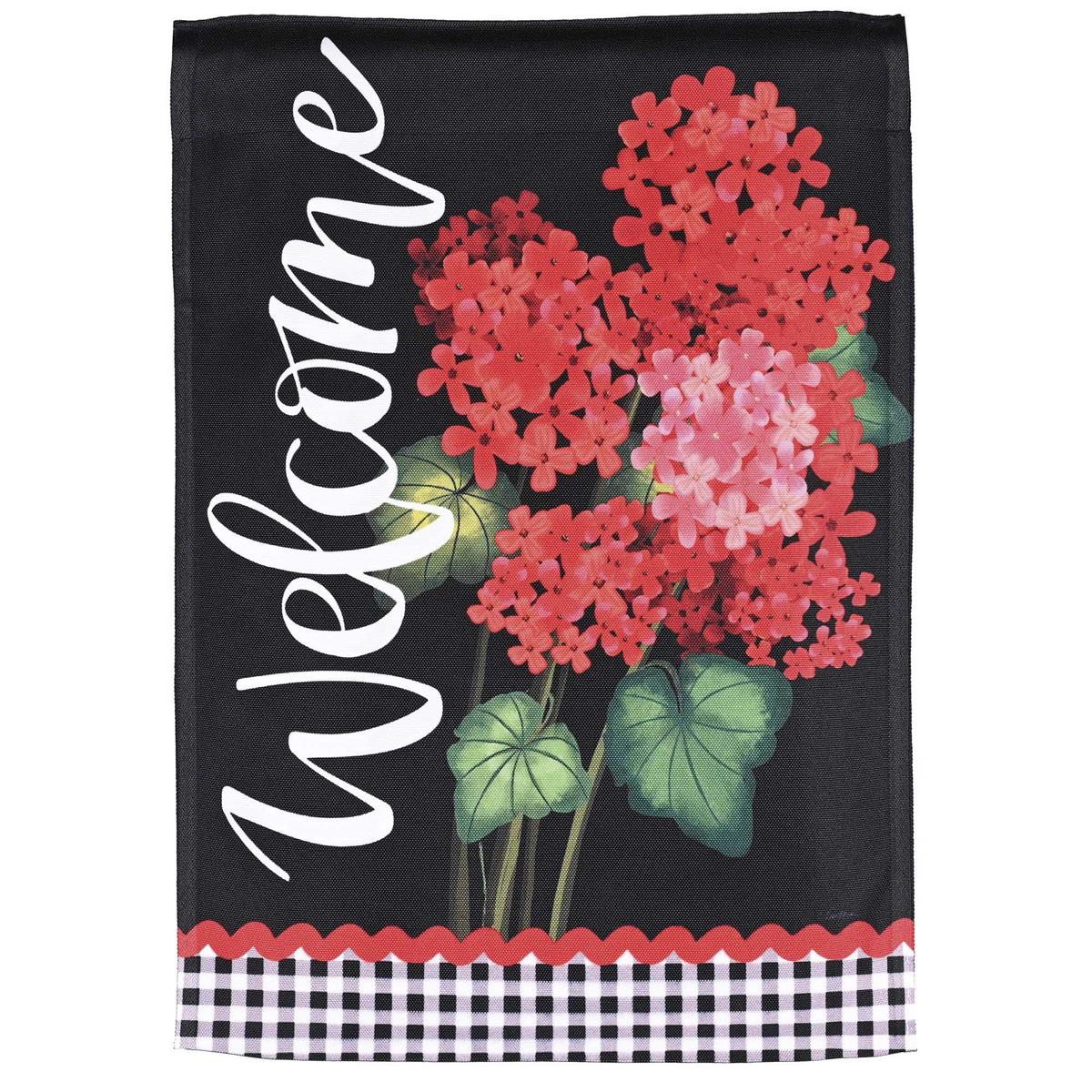 Welcome Geraniums Garden Flag displaying a vibrant floral design in a garden setting, made of heavy-duty fabric for outdoor durability.