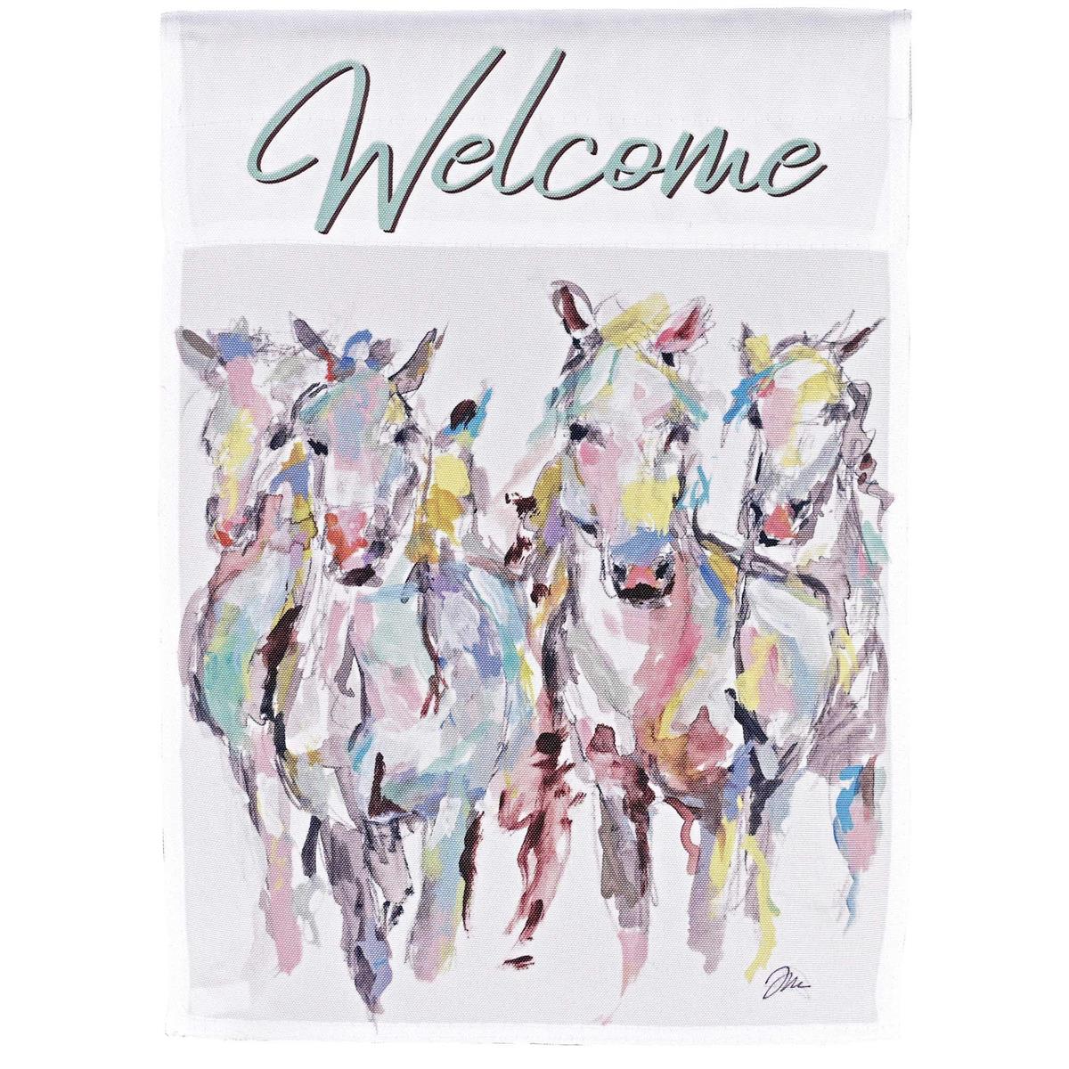Welcome Horses garden flag showcasing equestrian beauty with vibrant colors, displayed outdoors to capture sunlight, enhancing any garden space.
