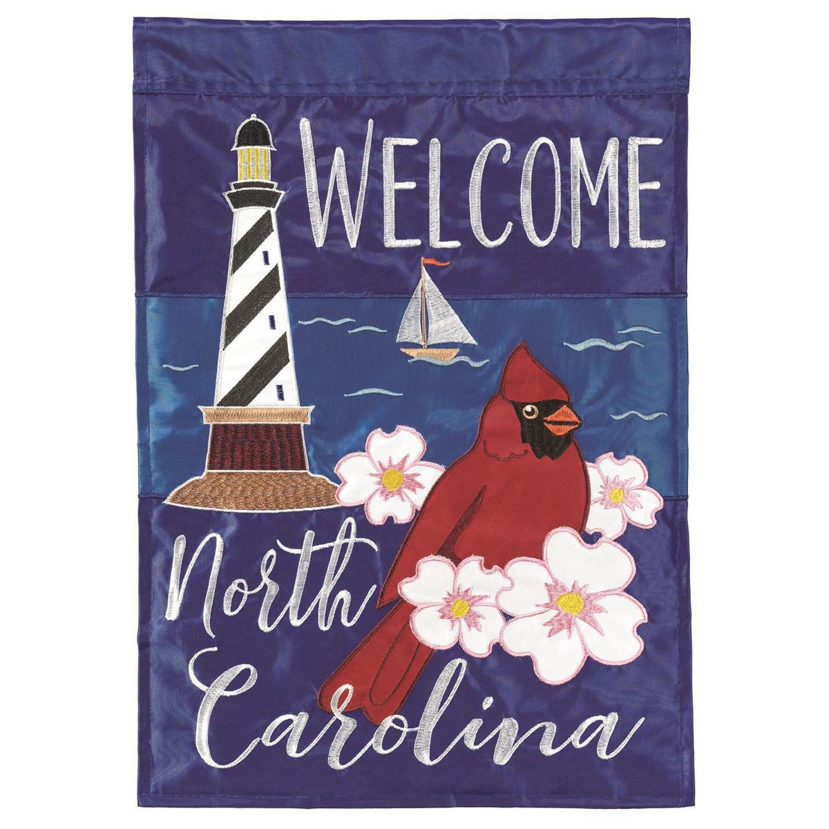 Welcome North Carolina garden flag featuring double-sided design, detailed embroidery, and vibrant colors displayed on a garden pole.