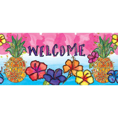 Welcome Pineapple windsock displaying vibrant pineapple design and bold 'WELCOME' text, gracefully swaying in a summer breeze.