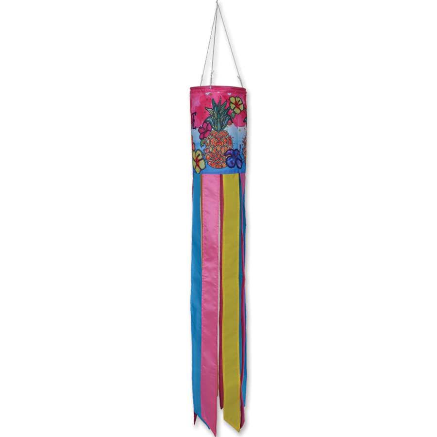 Welcome Pineapple windsock displaying vibrant pineapple design and bold 'WELCOME' text, gracefully swaying in a summer breeze.