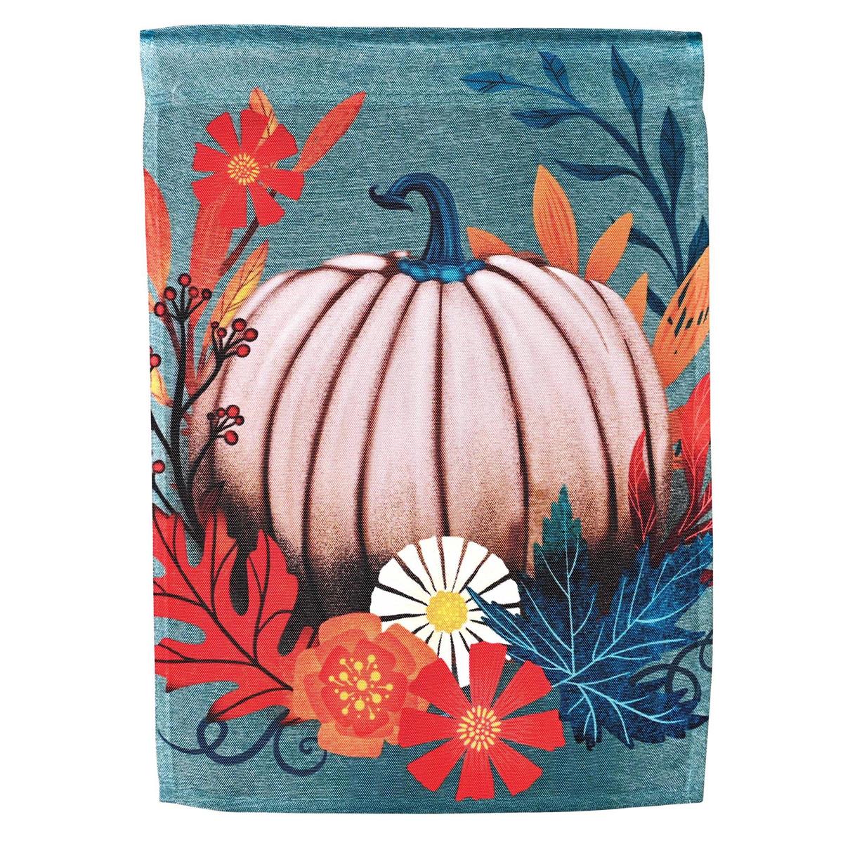 Welcome Pumpkin Garden Flag measuring 13x18 inches with vibrant pumpkin design, displayed outdoor to enhance fall garden decor.