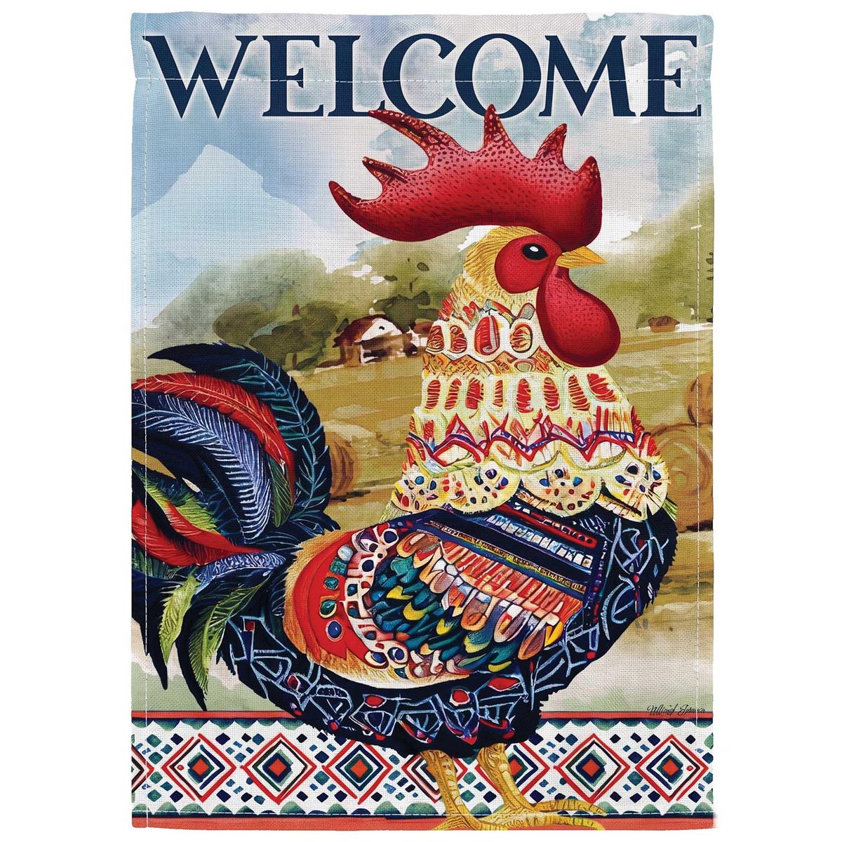 Welcome Rooster garden flag featuring a colorful rooster design, displayed in a garden setting, creating a cheerful outdoor atmosphere.