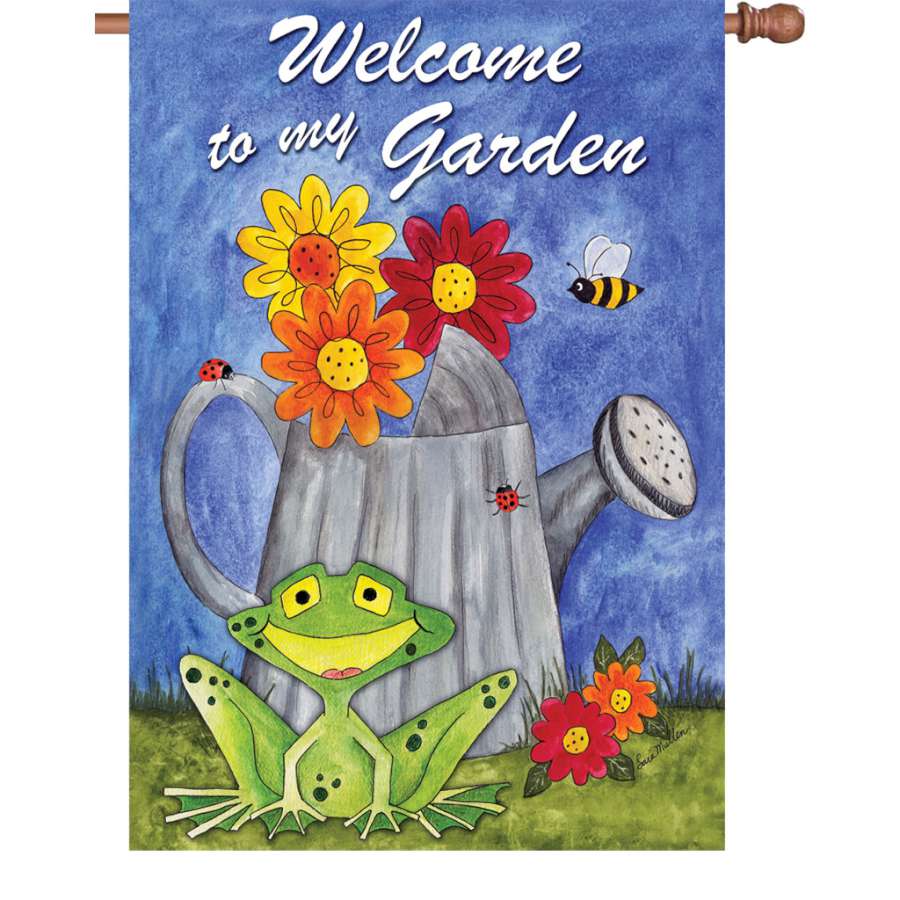 28-inch 'Welcome to My Garden' flag made with PremierSoft fabric, showcasing vibrant colors and double-sided printing, fluttering in a garden setting.