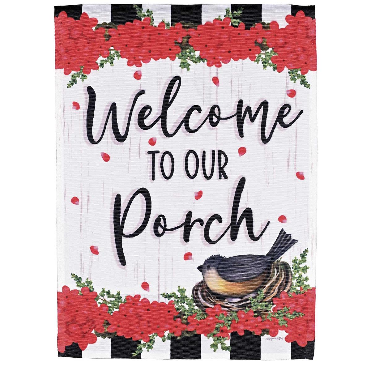 Welcome To Our Porch banner flag measuring 30x44 inches, featuring colorful design, hanging on a porch pole, welcoming visitors in a residential setting.