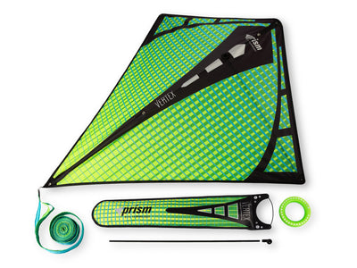 Aurora Prism Vertex diamond kite with included ribbon tail, line on winder, spare frame rod, and storage sleeve