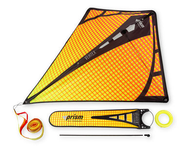 Infrared Prism Vertex diamond kite with included ribbon tail, line on winder, spare frame rod, and storage sleeve