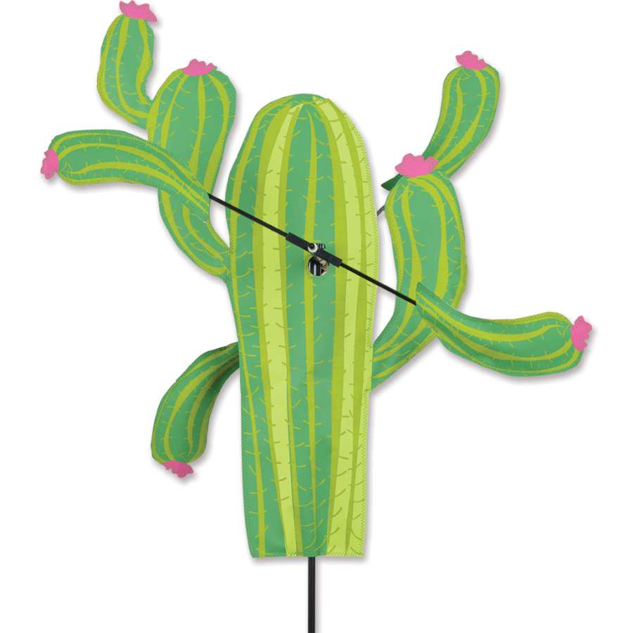 Colorful 24-inch WhirliGig Spinner with cactus design twirling in a sunny garden, showcasing the charm of outdoor decor.