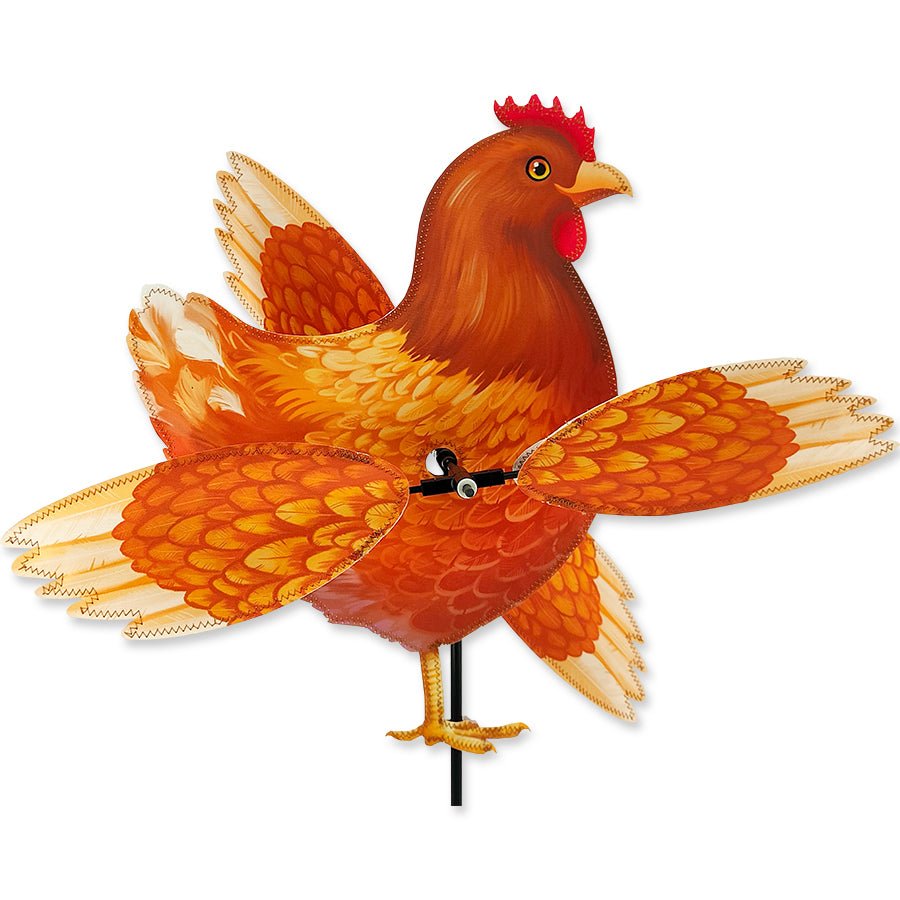 WhirliGig Spinner featuring a buff chicken design, spins in the wind, showcasing colorful SunTex fabric in a vibrant garden setting.
