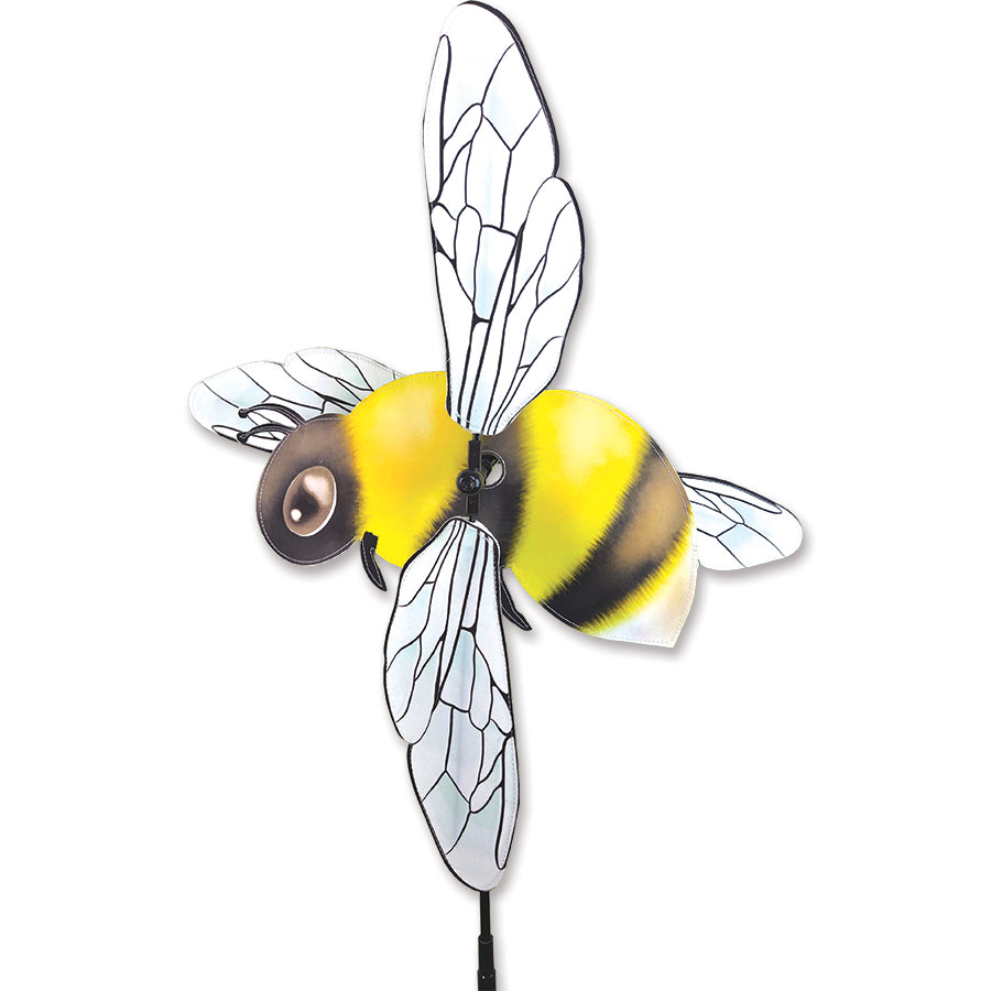 WhirliGig Spinner - Bumblebee, displaying colorful bee wings spinning in the wind in a vibrant garden setting.