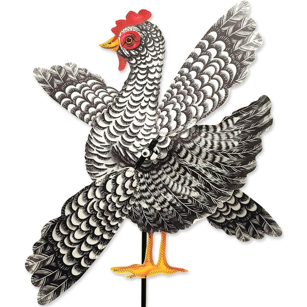Chicken spinner with layered fabric and 20-inch spinning wings for whimsical motion—perfect for planters, patios, and farm-themed garden displays.