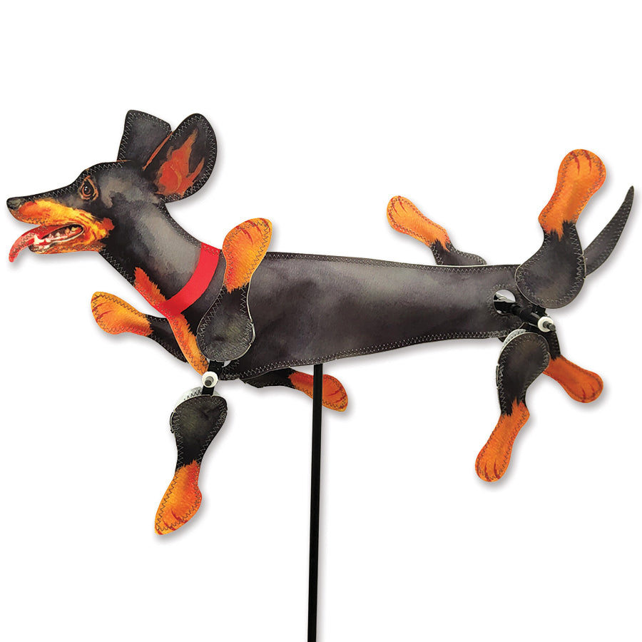 20 inch WhirliGig Spinner featuring a black and tan dachshund design, spinning joyfully in a garden with grass and flowers around it.