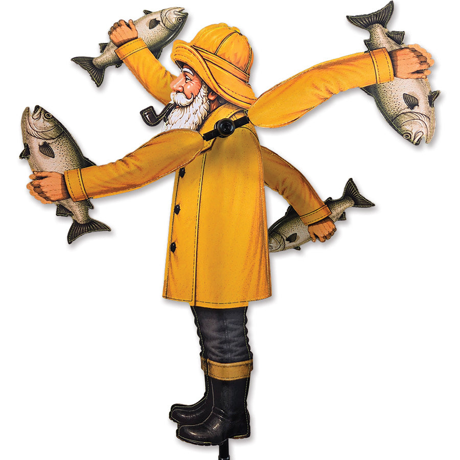 WhirliGig Spinner featuring a fisherman interacting with a fish, made from durable SunTex fabric, spinning in the garden setting.