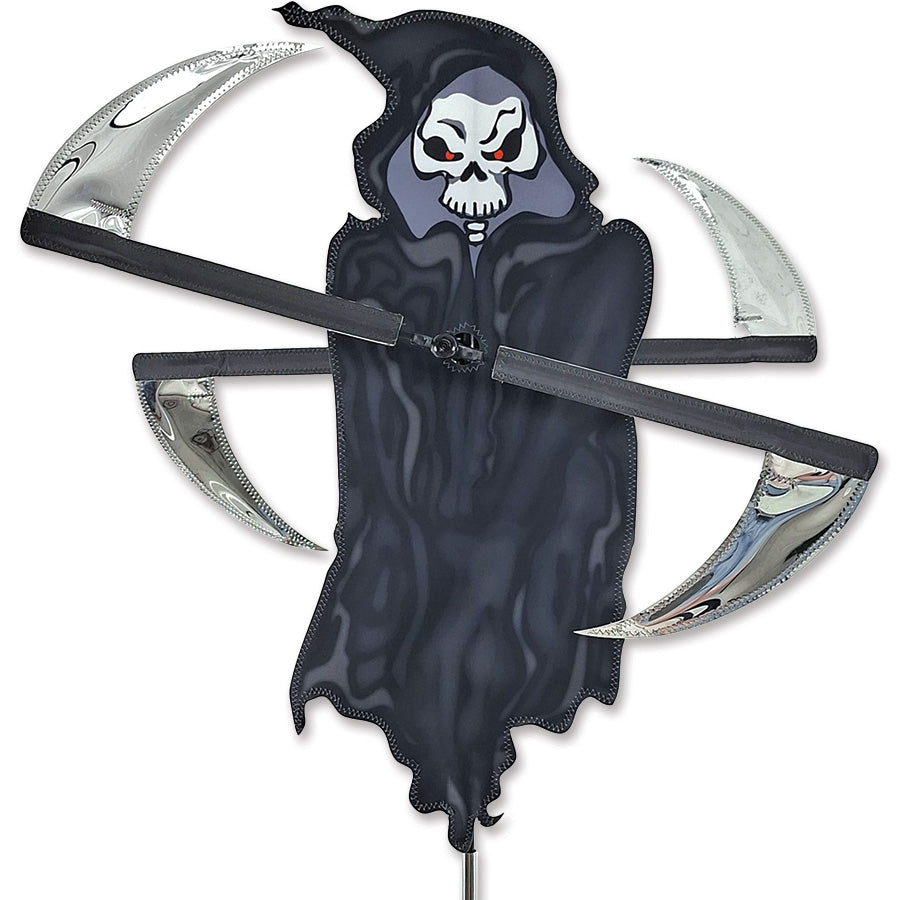 Grim Reaper WhirliGig Spinner made from durable SunTex fabric, displaying vibrant colors and spinning in a gentle breeze in a garden setting.