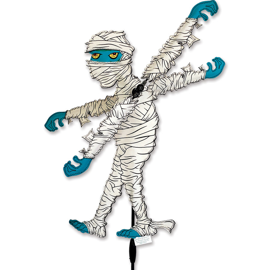 WhirliGig Spinner - Mummy made of durable SunTex fabric, spinning playfully in a colorful outdoor garden setting.