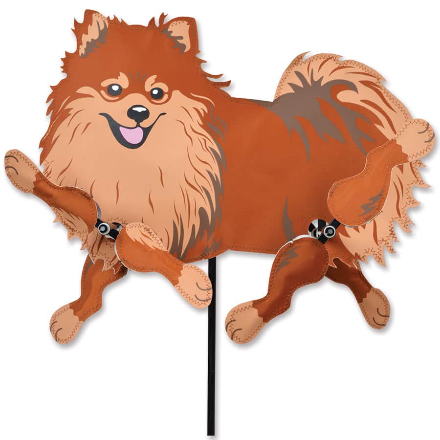 Pomeranian spinner with flapping legs and stitched fabric detail—adds lively charm and dog-lover personality to garden displays.