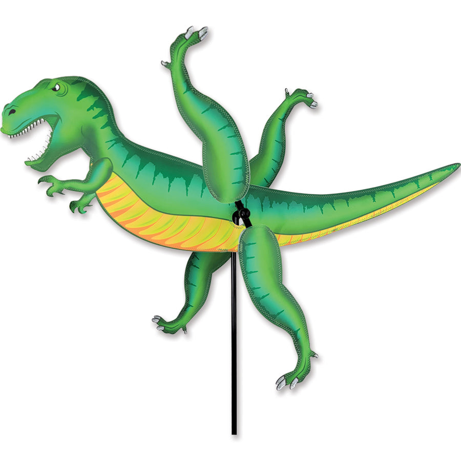 WhirliGig Spinner - Running T-Rex showing vibrant design, spinning in a garden setting with lush greenery in the background.
