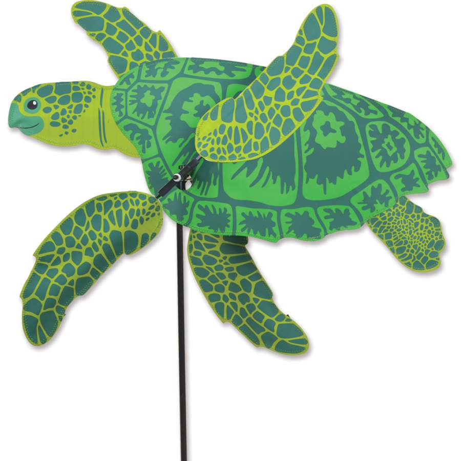 WhirliGig Spinner in the shape of a colorful sea turtle, gracefully spinning in a garden, showcasing vibrant SunTex fabric.