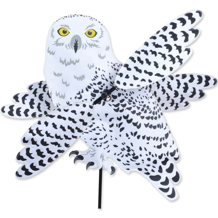 Snowy Owl spinner with large flapping wings, detailed applique, and gentle motion—ideal for woodland gardens, cabins, or nature-inspired yard displays.