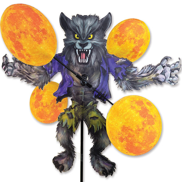 WhirliGig Spinner - Werewolf garden decoration with vibrant graphics in motion, displaying a whimsical werewolf theme outdoors.