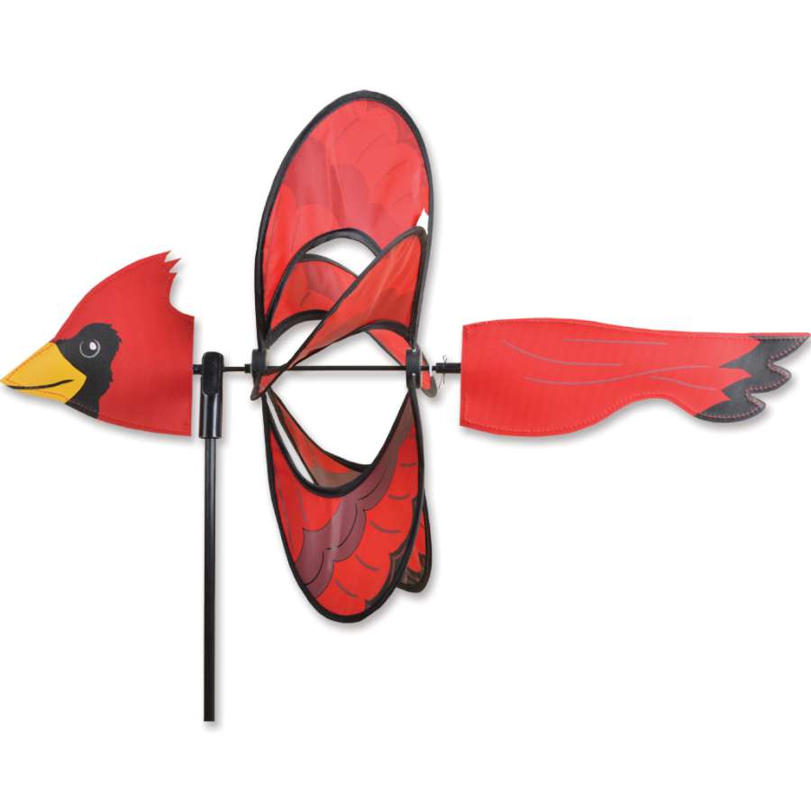 Whirly Wing Spinner - Cardinal features vibrant wings spinning in the garden, showcasing its beautiful design and weather-resistant fabric.