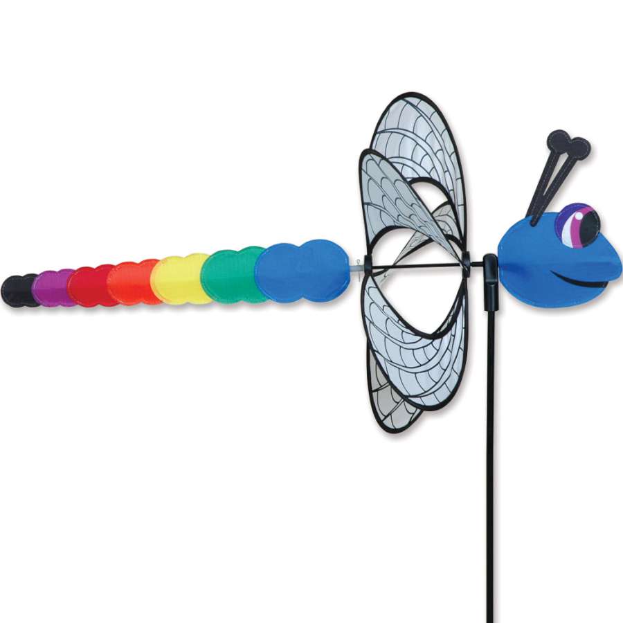 Whirly Wing Spinner - Dragonfly featuring colorful wings twirling in the wind, decorative garden ornament placed in vibrant floral surroundings.