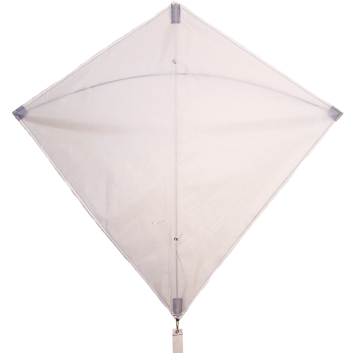 White Colorfly 30-inch diamond kite soaring in a clear blue sky with three colorful tails trailing behind, showcasing its vibrant design.