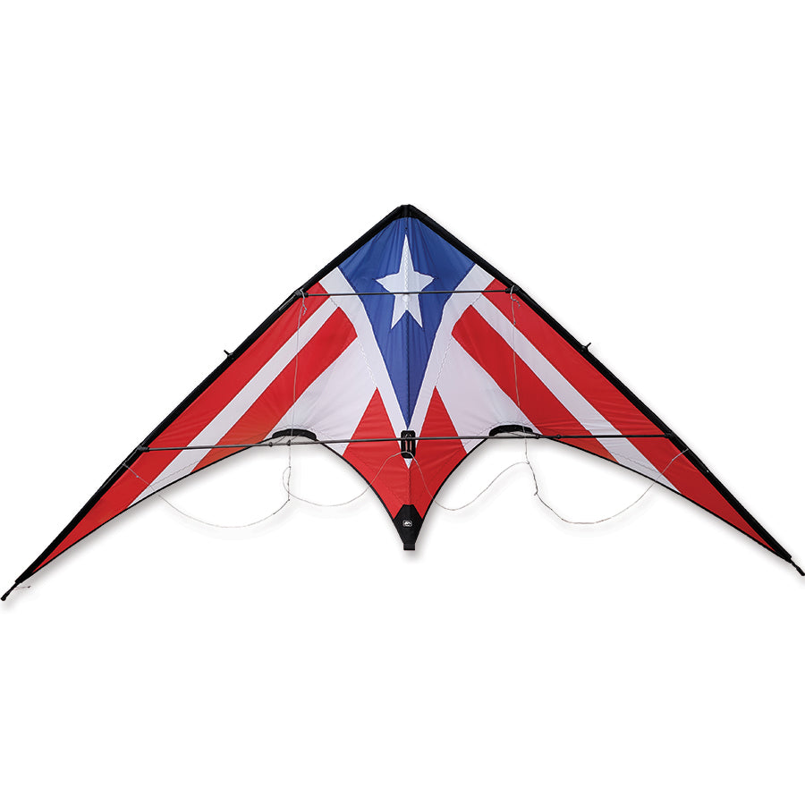 Widow Pro Classic Ultra Lite - Patriotic Star kite flying against a blue sky, showcasing its vibrant design and lightweight construction.