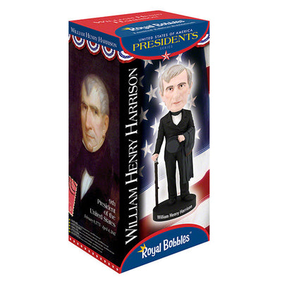William Henry Harrison bobblehead showcasing detailed features and vintage attire, celebrating the ninth U.S. President in a vibrant display.