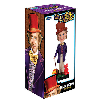 Willy Wonka Bobblehead featuring a whimsical character with a top hat and purple suit, beautifully displayed on a shelf.