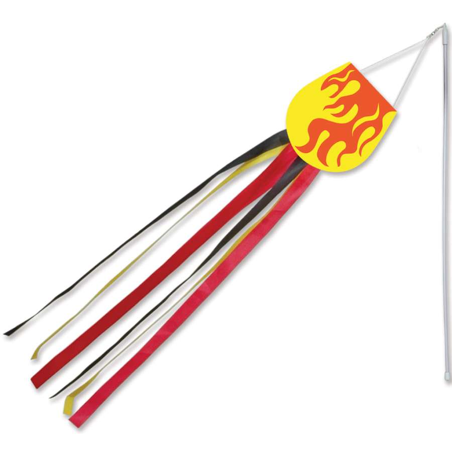 Set of 12 Wind Wands - Flame featuring vibrant colors and dynamic flame designs, perfect for parties and outdoor events displayed in a sunny garden.