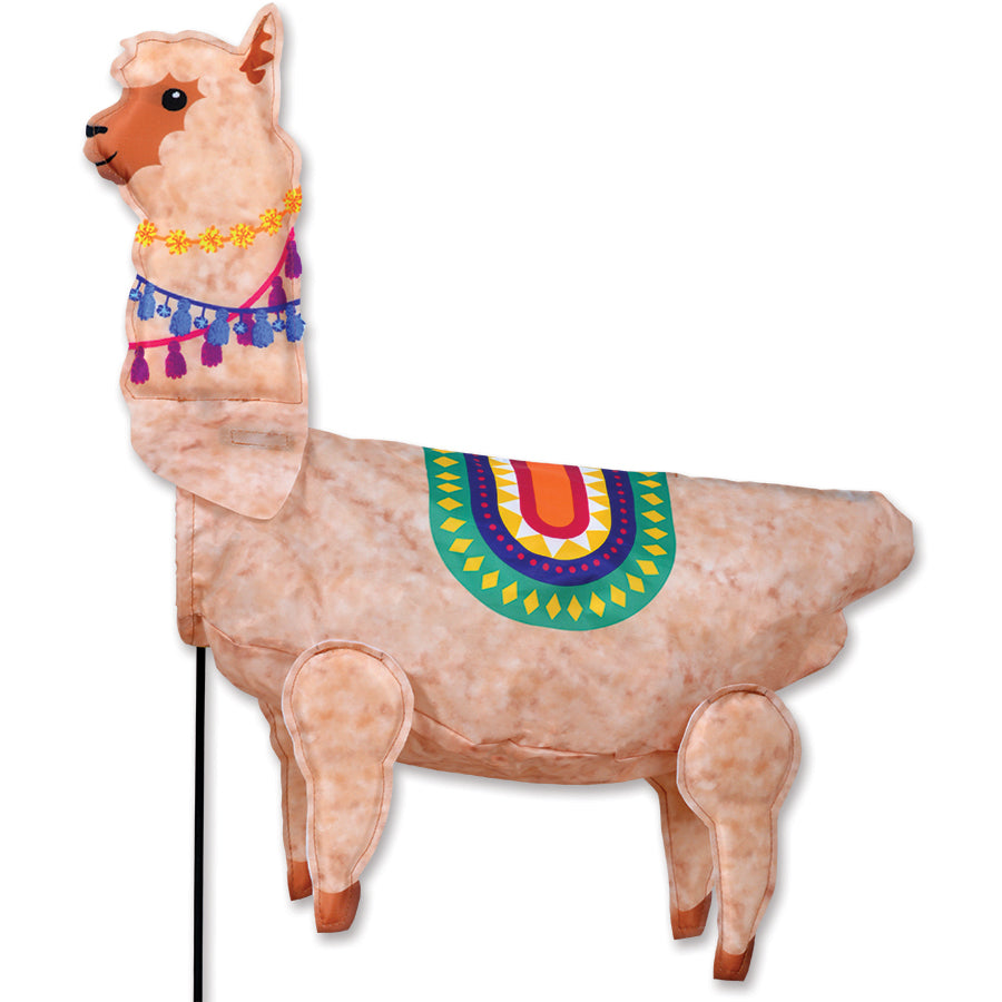 Windicator Alpaca colorful windsock weather vane dancing with the breeze in a sunny outdoor garden setting.