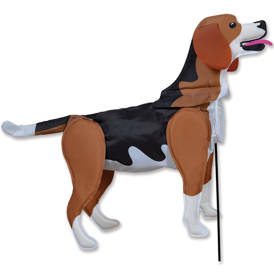 Windicator - Beagle windsock, a colorful inflatable dog design swaying gently in the breeze mounted on a fiberglass pole in a sunny garden.