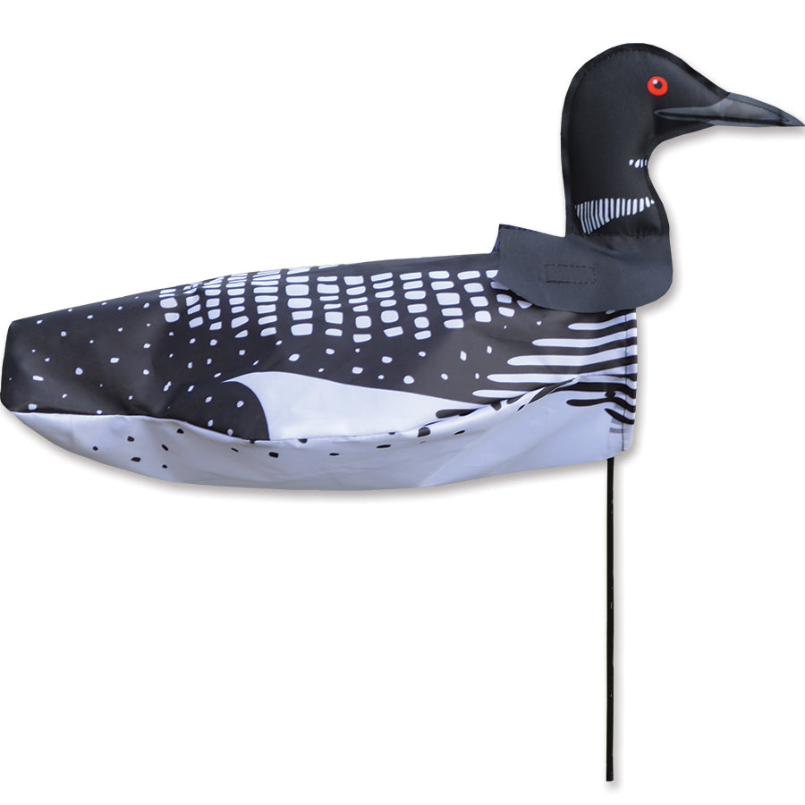 Windicator - Loon whimsical garden windsock displaying 3-D inflatable design on a pole, dancing with the wind in an outdoor setting.