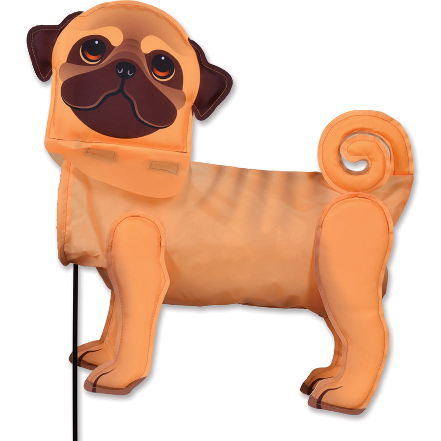 Windicator - Pug weather vane displayed in a garden, featuring a 3-D pug design that dances with the wind.
