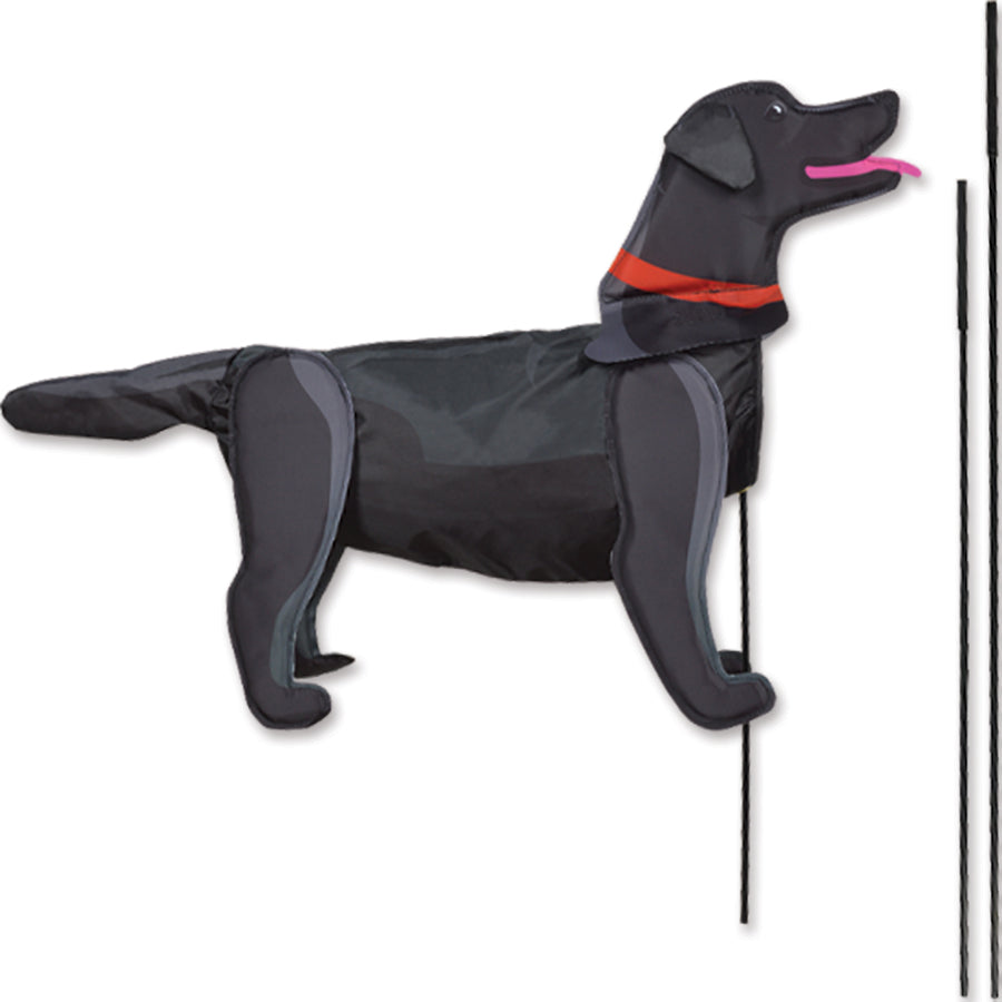 Windicator Recumbent Bike Flag featuring a playful black lab design, inflated and displayed on a bike, showcasing vibrant colors against a natural background.