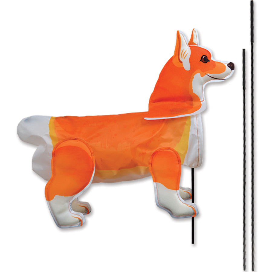 Windicator Recumbent Bike Flag featuring a vibrant Corgi design, inflating in a 3-D shape on a recumbent bicycle against a scenic outdoor background.