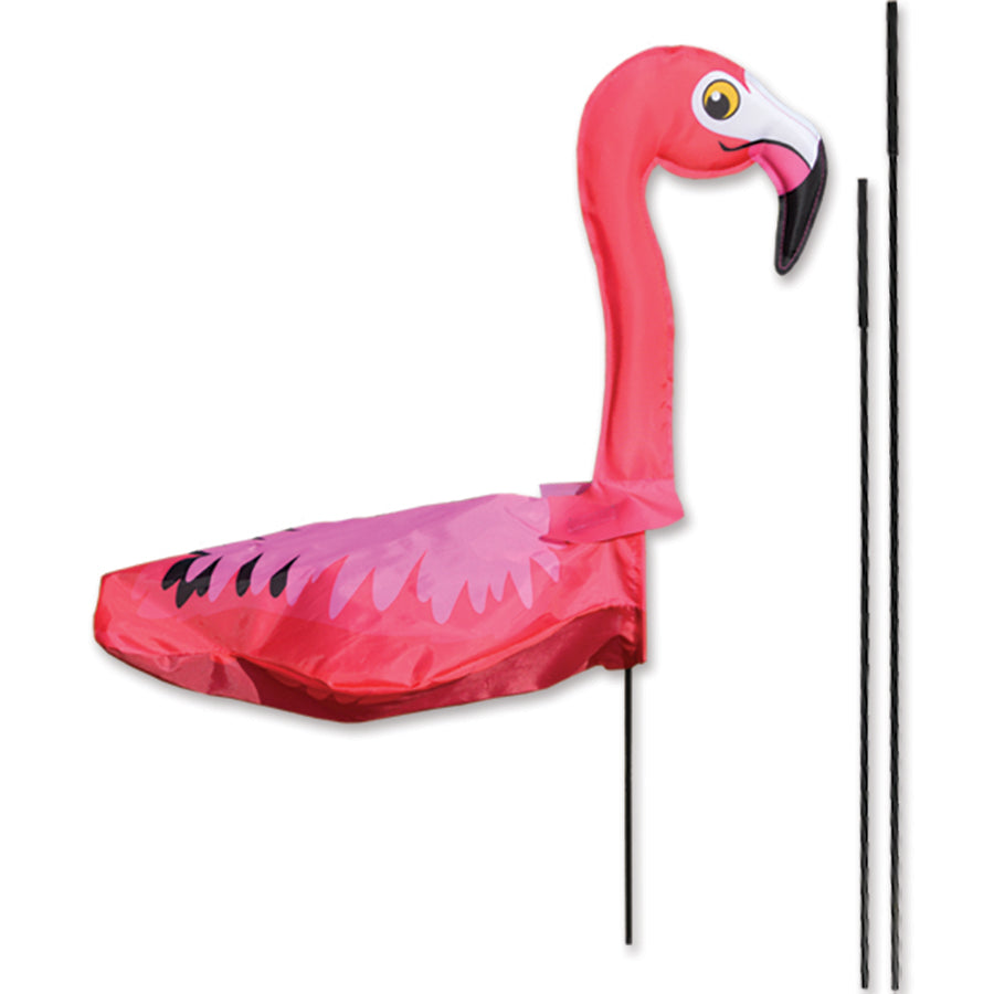 Windicator Recumbent Bike Flag featuring a flamingo design displayed on a recumbent bike, showcasing its 3-D shape waving in the breeze.