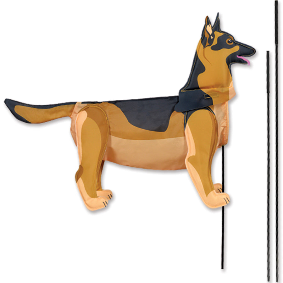 Windicator Recumbent Bike Flag in a playful German Shepherd design, inflated and mounted on a recumbent bicycle against a sunny backdrop.