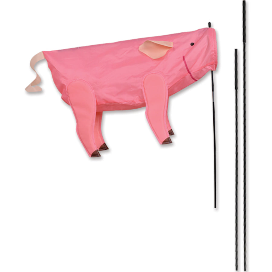 Windicator Recumbent Bike Flag - Pig showcasing a vibrant pig character inflated in the breeze, mounted securely on a recumbent bicycle.