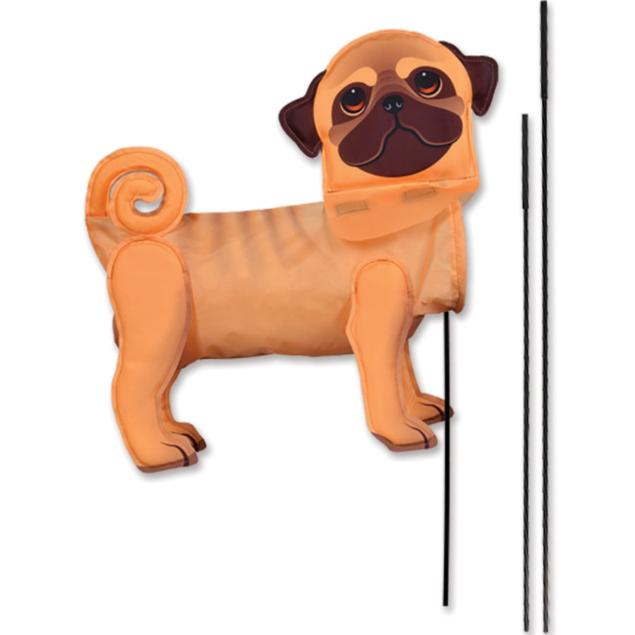 Windicator recumbent bike flag in the shape of a pug, displayed on a recumbent bicycle, thriving in the breeze for added visibility.