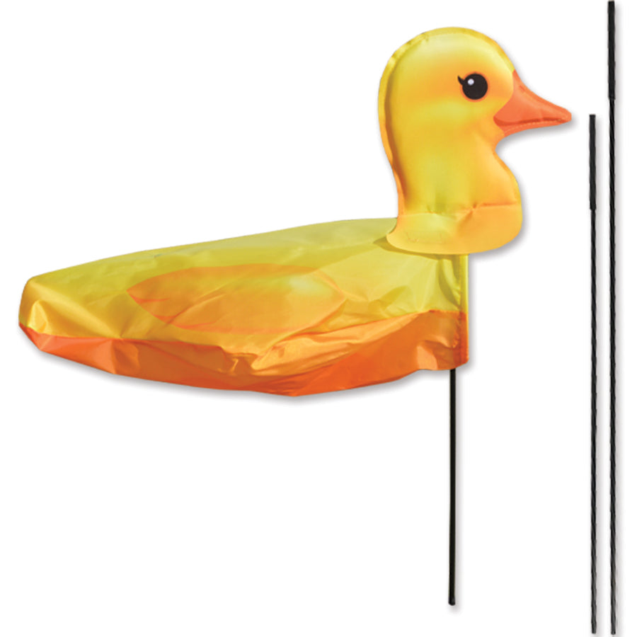 Windicator Recumbent Bike Flag in Rubber Ducky design, standing upright on a recumbent bike outdoors, showcasing its 3-D inflatable shape.