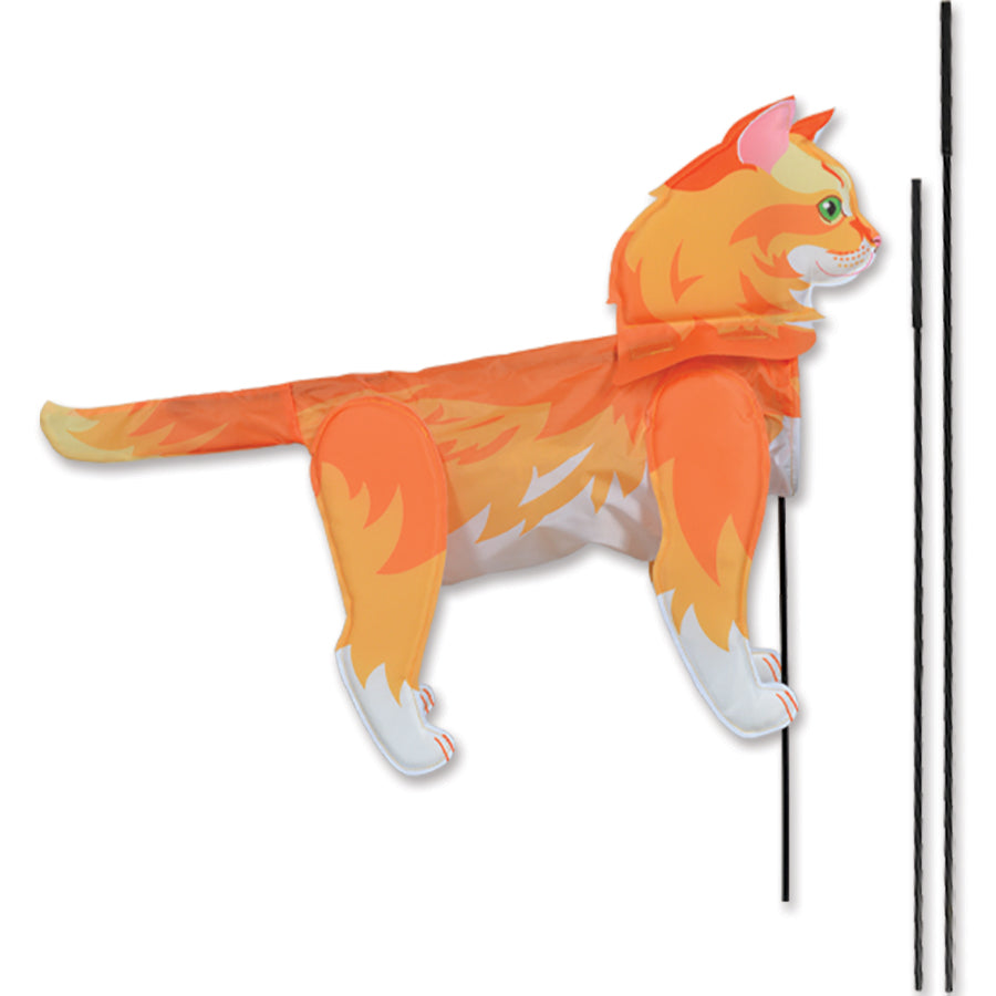 Windicator Recumbent Bike Flag featuring a tabby cat design inflating in the breeze, enhancing visibility for cyclists on the road.