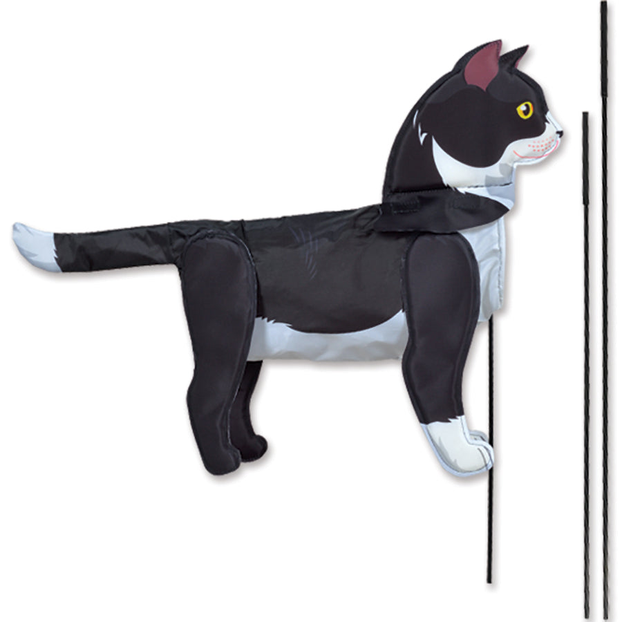 Windicator Recumbent Bike Flag featuring a playful tuxedo cat design, inflating in the wind, attached to a recumbent bike outdoors.