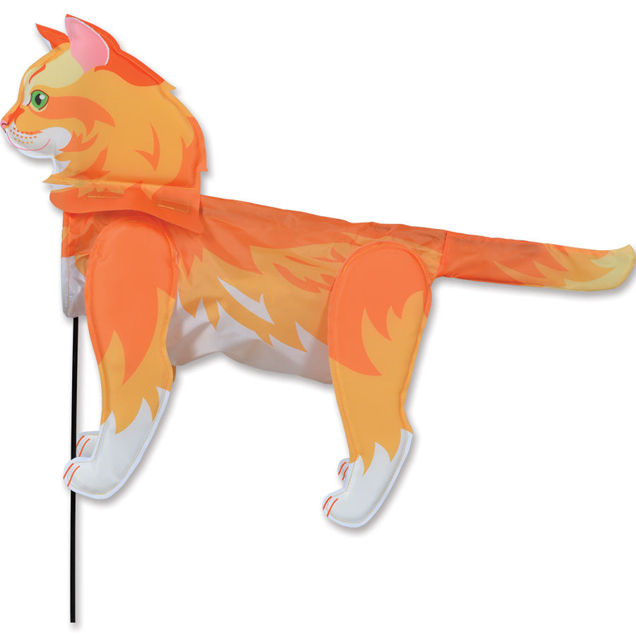 Windicator - Tabby Cat windsock garden decor with vibrant colors, beautifully displayed outdoors on a sturdy pole in a lively garden setting.