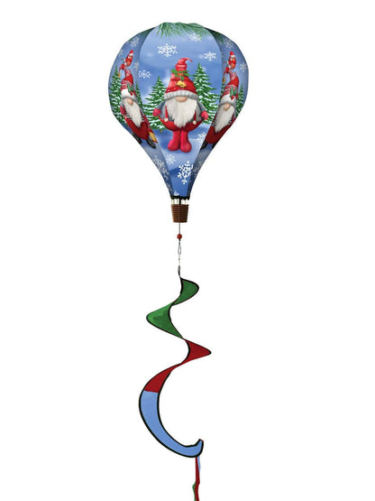 Winter gnomes hot air balloon spinner with snowflake details, wind-powered motion, and weather-resistant polyester for joyful holiday garden décor.